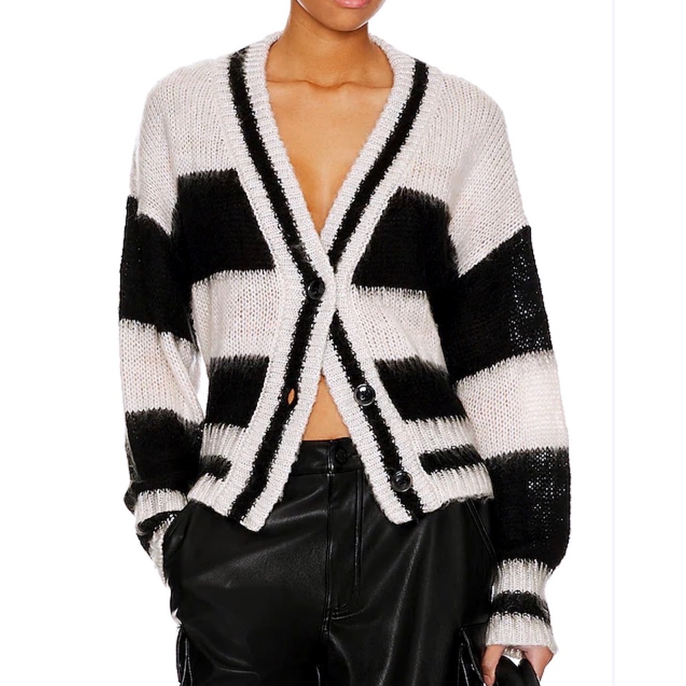 Elan Colorblock Black White Silver Tencil Cardigan Sweater Women Medium NWT